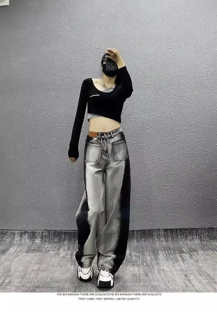 JazzHer Women Jeans Loose High Waist Vintage Wide Leg Pants Pockets Denims Full Length Streetwear Female Denim Straight Trousers