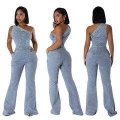 JazzHer Flare Denim Pants Full Length Women Jeans One Piece Overalls Spliced Solid Jumpsuits Loose Pockets High Waist Basics Washed