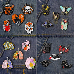 JazzHer Goth Halloween Enamel Pin Set Ghost Black Cat Moth Witch Punk Brooches Horror Snake Badges for Men Dark Lapel Skeleton Jewelry