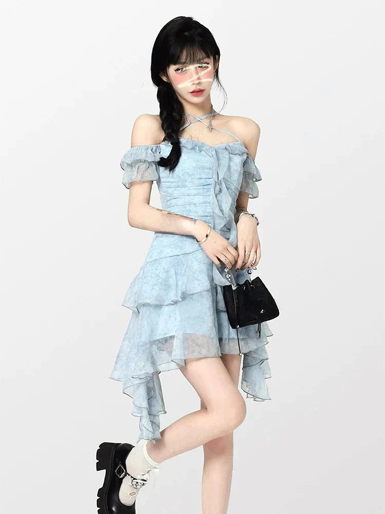 JazzHer-2024 Summer Beach Style Flroal Dress Woman Chiffon Sweet Elegant Princess Dress Korean Fashion Short Party Y2k Mini Dress Casual