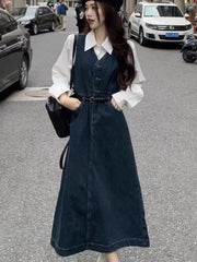 JazzHer Sweet Style 2 Piece Set for Women Dress Sets Turn Down Collar Shirt Denim Midi Dresses Casual Fashion Female Suit Autumn New