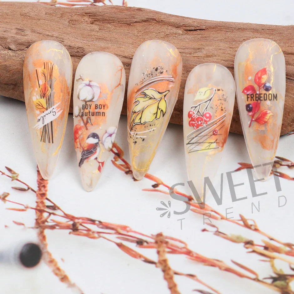 JazzHer 3D Red Maple Cotton Nail Art Stickers Mushroom Geometry Flowers Leaf Pattern Watercolor Winter Decals Decoration Foils Tips LYNO