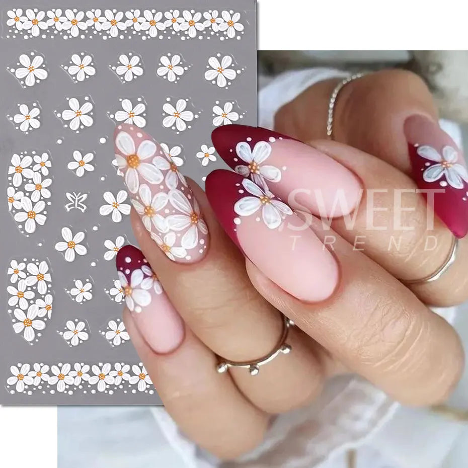 JazzHer 5D Embossed Flower Nail Stickers Colorful Simple DIY Wildflower Daisy Geometric Lines Gel Polish Decals Wedding Engraved Slider