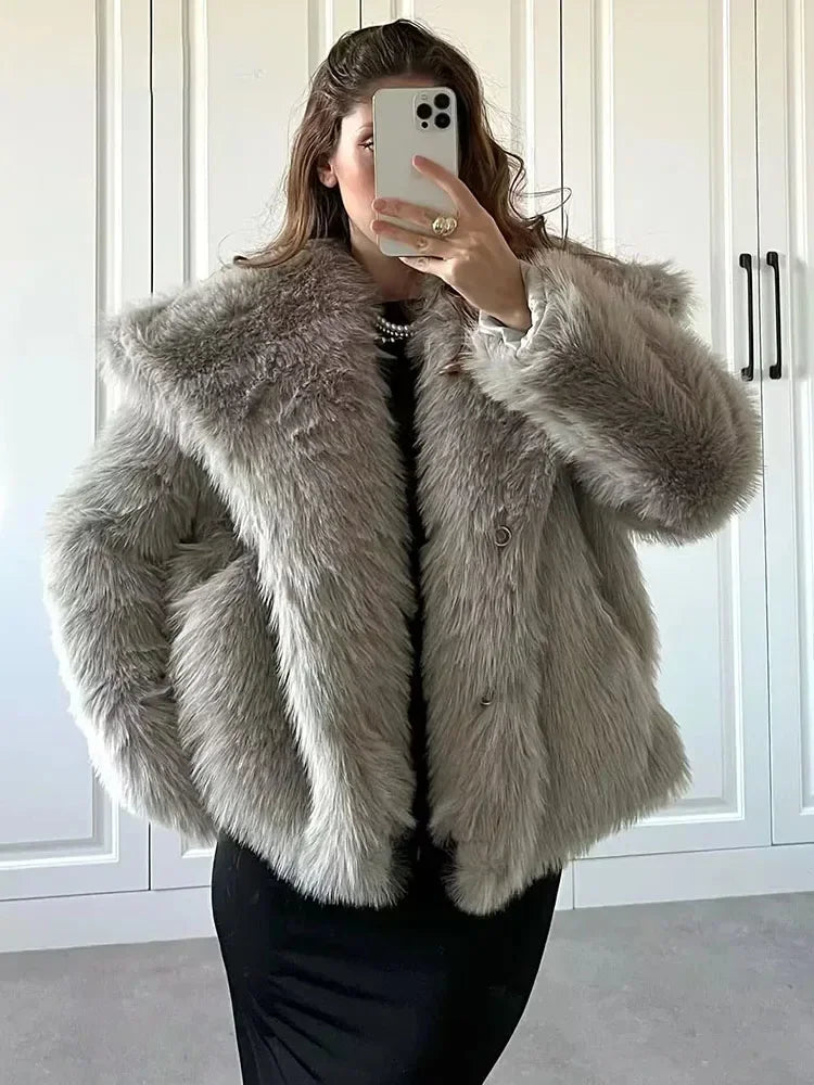 JazzHer Fashion Cropped Faux Fur Jacket Coat Women's Long Sleeve High Street Female Outerwear Chic Lapel Collar Thick Coat Winter