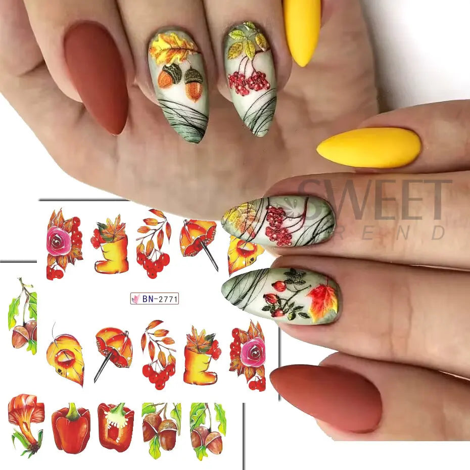 JazzHer 12pcs Autumn Maple Leaf Nail Sticker Pumpkin Fall Nail Decals Mushroom Water Transfer Slider Nail Decoration Foils Accessories