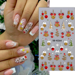 JazzHer Christmas Nail Sticker 5D Gold Glitter Snowflake Elk Penguin Bells Design Adhesive Nail Slider Decals Winter Manicure Decoration