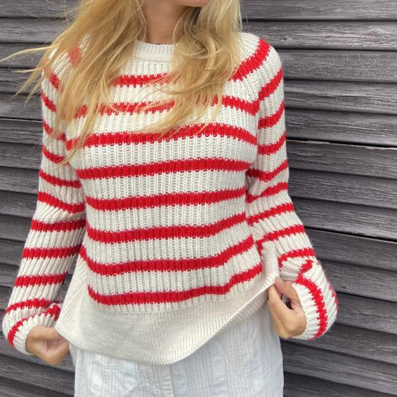 JazzHer 90s Vintage Fashion Loose Fit Sweater Y2K Streetwear Autumn Striped Knitted Pullovers Women Casual Long Sleeve O Neck Jumers