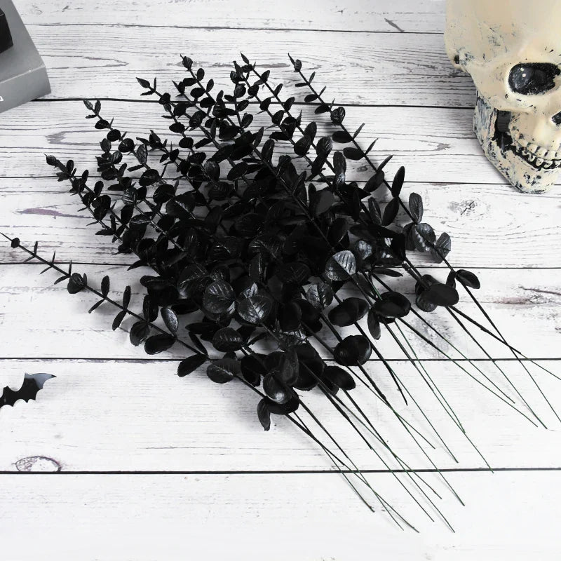 JazzHer 10/20Pcs Halloween Black Artificial Eucalyptus Branch Stems Faux Real Touch Flowers Leaves Plant Wedding Party Home Decoration