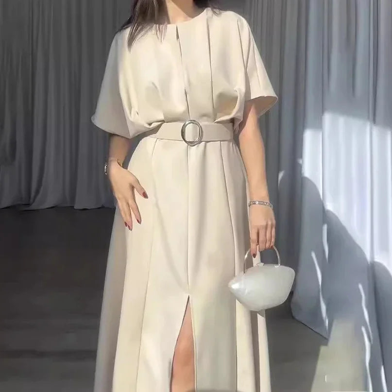 JazzHer Women Dress Splice Party Long Dresses Round Neck Short Sleeve High Waist Belt A Line Vestidos Casual Elegant Slim Maxi 2024