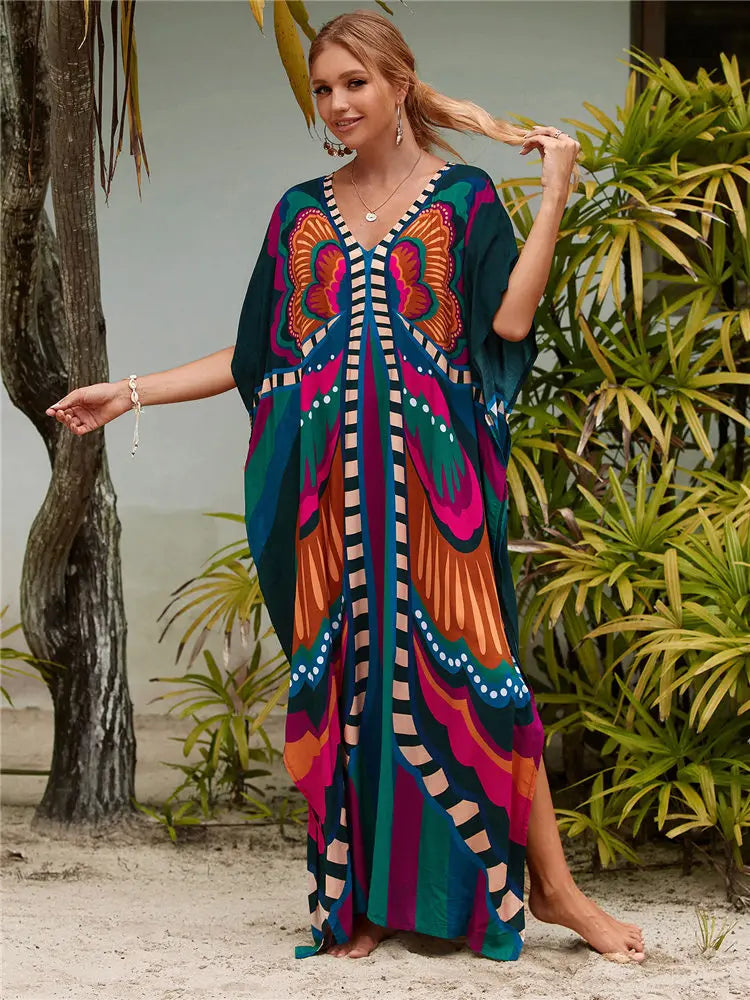 JazzHer Bohemian Butterfly Printed V Neck Batwing Sleeve Dresses For Women Clothing 2023 Beach Wear Causal Long Dress Vestidos Q1342