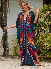 JazzHer Bohemian Butterfly Printed V Neck Batwing Sleeve Dresses For Women Clothing 2023 Beach Wear Causal Long Dress Vestidos Q1342