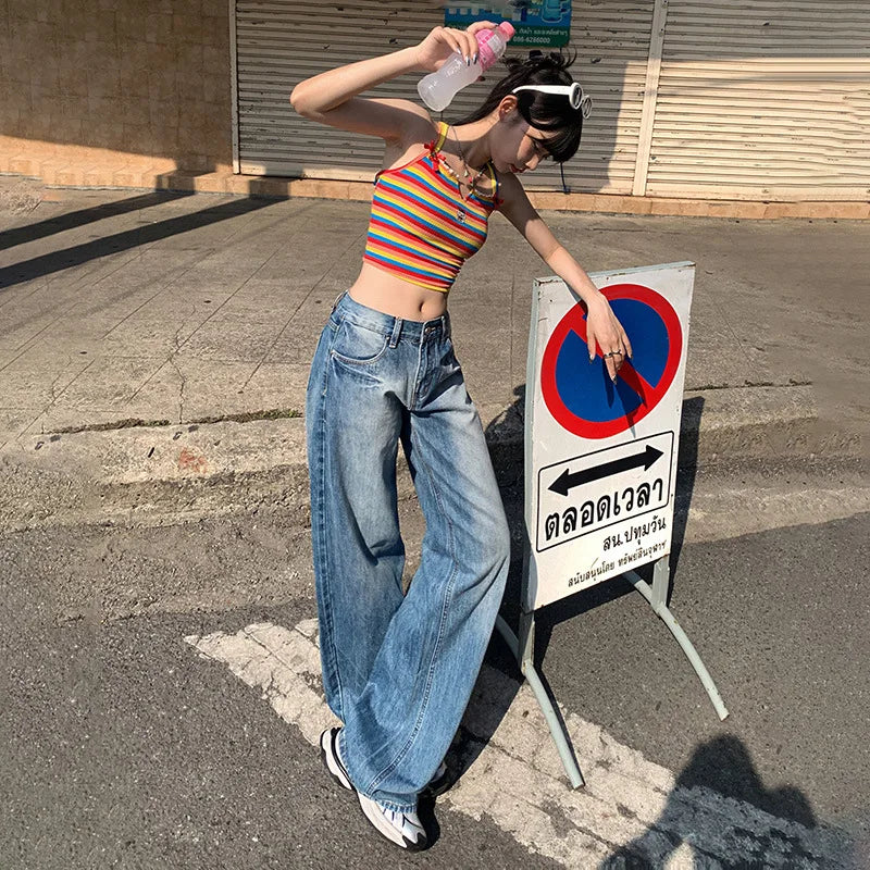 JazzHer Bleached Full Length Women Washed Jeans Distressed Loose Fit Pockets High Waist Zipper Fly 2024 Summer Vintage Denim Basics