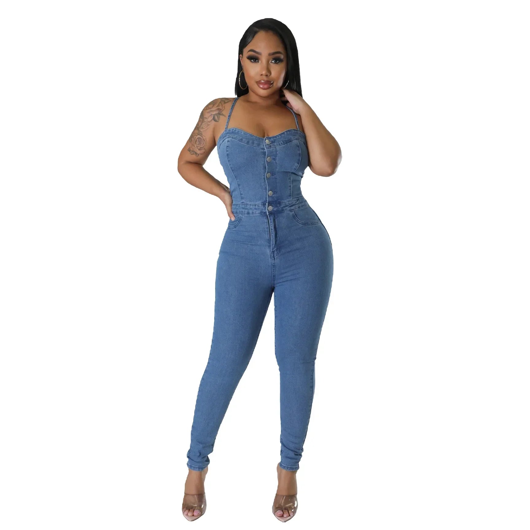 JazzHer Women Jeans Backless Denim Washing Overalls Solid Jumpsuits Slim Fit Sexy Ankle Length Summer 2024 High Street Pockets