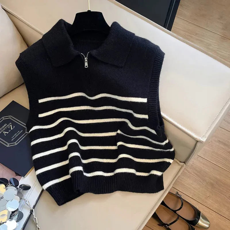 JazzHer Retro lapel zipper stripe knitted waistcoat women Autumn Winter Korean fashion sleeveless sweaters casual simple pullover vest