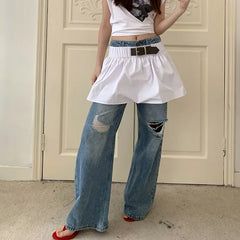 JazzHer Distressed Ripped Women Hole Jeans Vintage Denim Full Length Wide Leg Pants Pockets High Street Washed 2024 Loose Fit