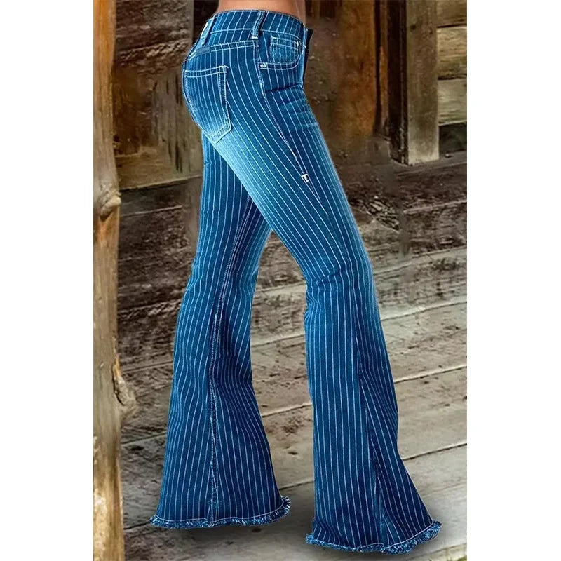 JazzHer Women Striped Flare Pants Midi Waist Button Spliced Denim Trousers Pockets Jeans Long Pant Vintage Winter Slight Strech