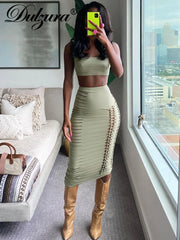 JazzHer Women Y2K Clothes 2 Pieces Hollow Outs Sleeve U-Neck Crop Top High Waist Bodycon Midi Skirt Matching Set Club Streetwear