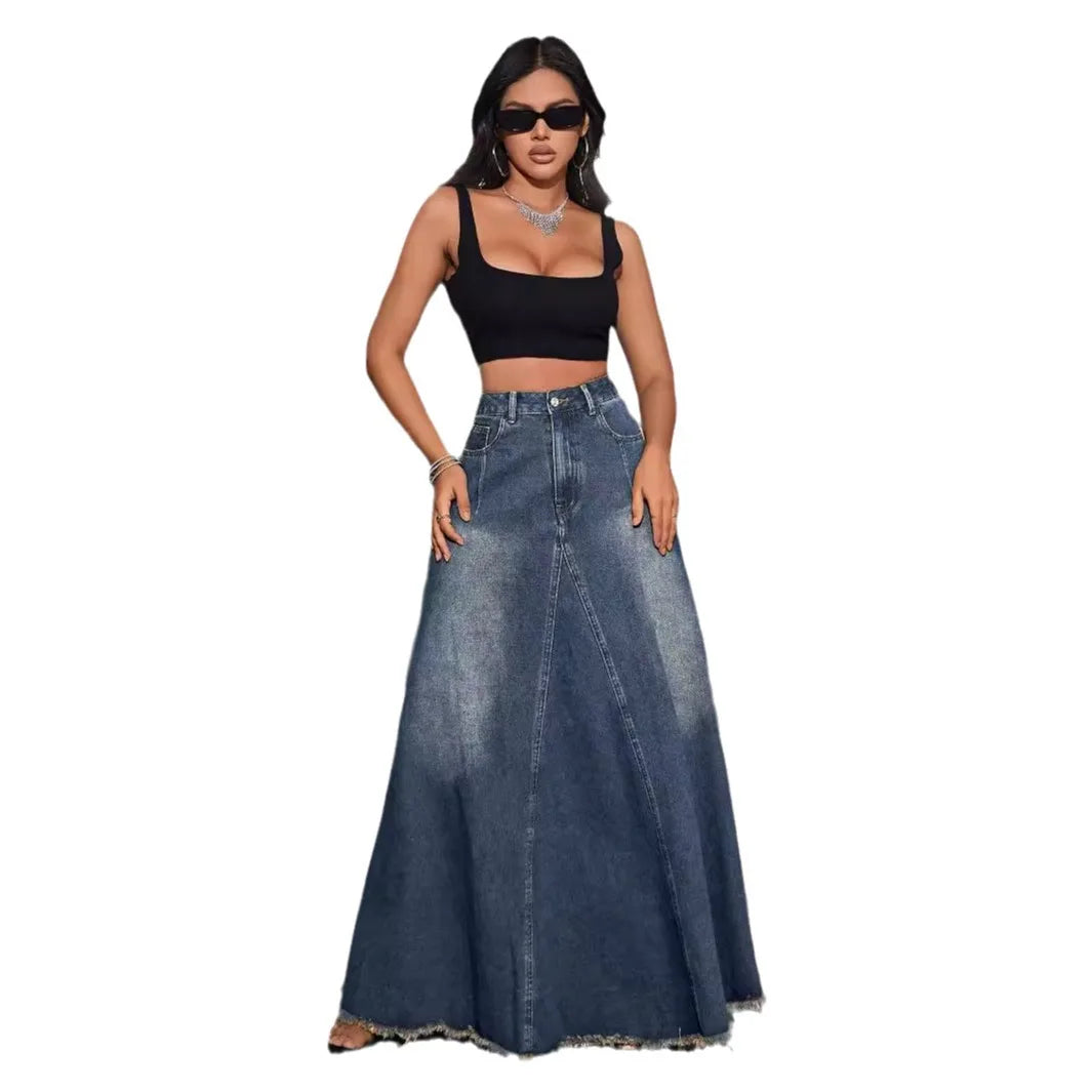 JazzHer Ankle Length Vintage Denim Washed Skirt Women Bleached High Waist Dress Zipper Fly Pockets Spliced Distressed Basics Loose