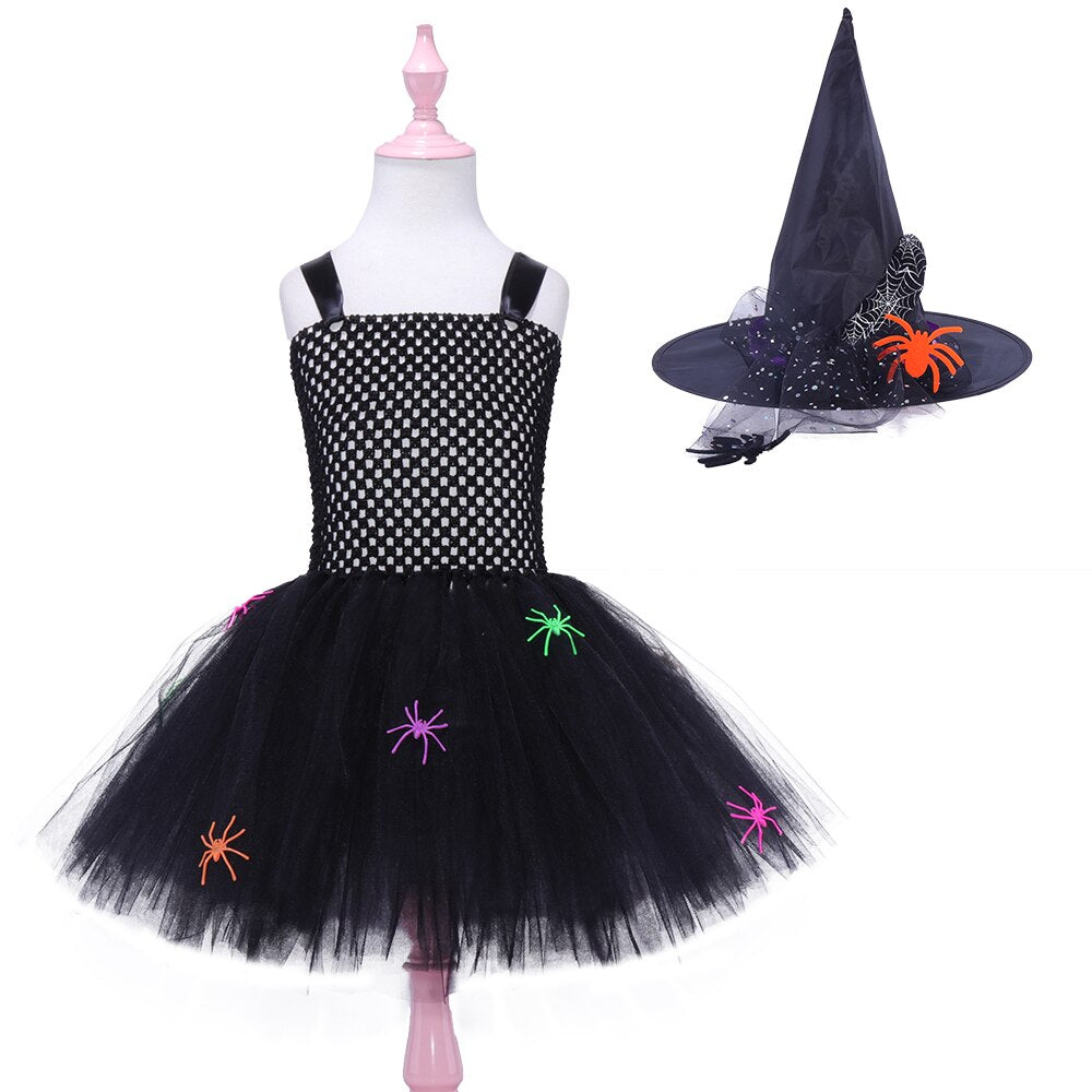 JazzHer Halloween Awakecrm Spider Witch Kids Halloween Costume Black Tulle Tutu Dress Dress Girl Carnival Party Dresses Children Evil Witch Cosplay Costume