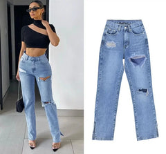 JazzHer Women Hole Jeans Vintage Distressed Straight Pants Streetwear High Waist Pockets Button Zipper Fly Denims Cuffs Trousers 2024