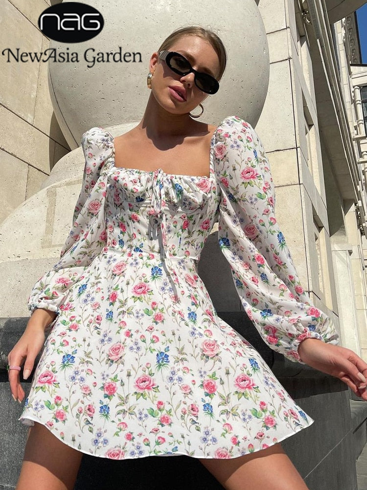 JazzHer Newasia Floral Dress Women Lantern Long Sleeve Ruched Print A Line Square Neck Tie Up Mini Vestidos Sexy Chic Summer Beach Dress