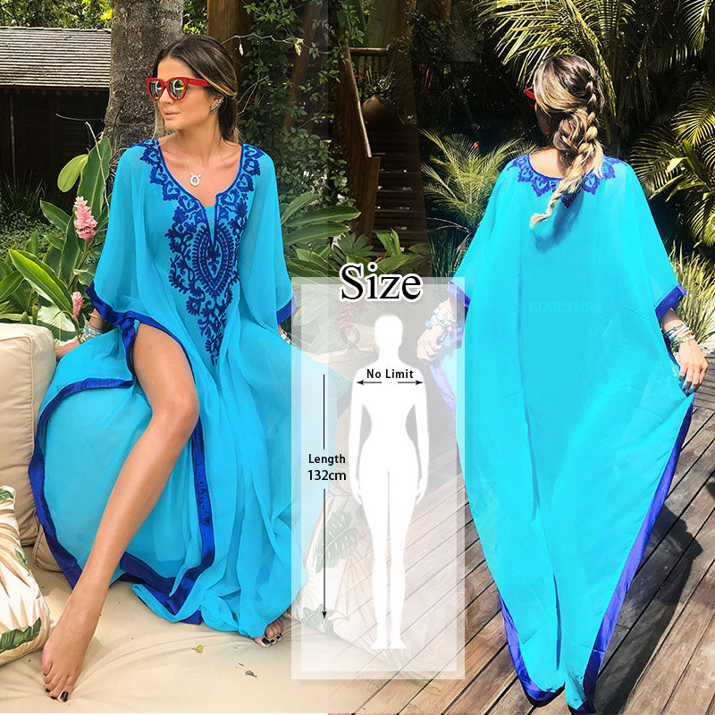 JazzHer 2024 Blue Bohemian Embroidered Batwing Sleeve Side Split Summer Beach Dress Chiffon Tunic Women Plus Size Beachwear Kaftan Q746