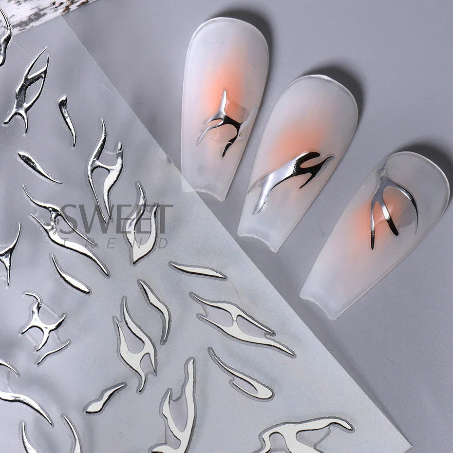 JazzHer Metallic Silver Line Nail Manicure Stickers Metal Chrome Stripe Vine Flame Adhesive Decals Tape Swirl French Sliders Decor Foils