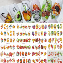 JazzHer 12pcs Autumn Maple Leaf Nail Sticker Pumpkin Fall Nail Decals Mushroom Water Transfer Slider Nail Decoration Foils Accessories