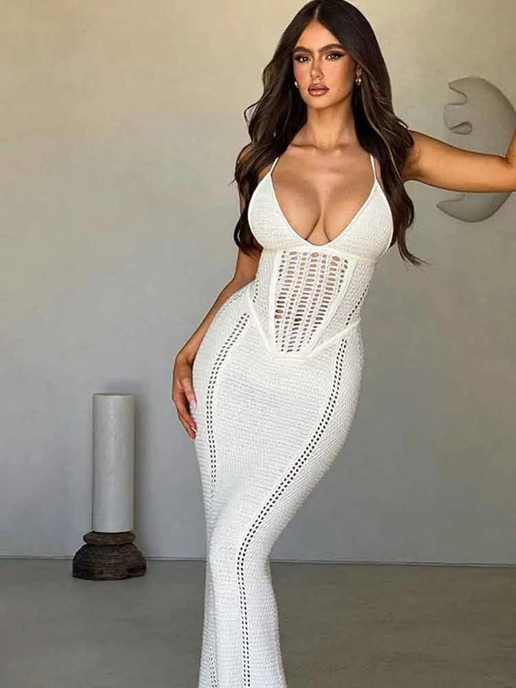 JazzHer White Knitting Halter Backless Holiday Casual Dress Women Elegant Sexy Dress Bodycon Maxi Long Summer Dress Vestidos