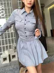 JazzHer-Elegant Vintage Blue Striped Women Mini Dresses Autumn Fashion 2024 New Pleated Long Sleeve Holiday Party Shirt Dress Korean