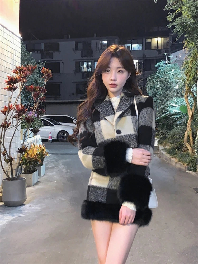 JazzHer Plaid Knitted Suit Woman Korean 2 Piece Dress Set 2024 Winter Vintage Fashion Tops Cardigan + Slim Bodycon Y2k Mini Skirt Chic