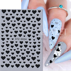 JazzHer 3D White Black Heart Nail Stickers Cute Cartoon Golden Love Self Adhesive Slider Valentine Manicure Accessories Tips Decoration