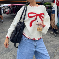 JazzHer Preppy Cute Y2K Aesthetic Grunge Knitwear Bowknot Patterm Loose Fit Knitted Sweater Autumn Winter O Neck Long Sleeve Pullovers