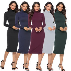 JazzHer Autumn Winter Knit Sweater Dress Women Turtleneck Long Sleeve High Elastic Skinny Slim Bottoming Dresses Ladies Dress Plus Size