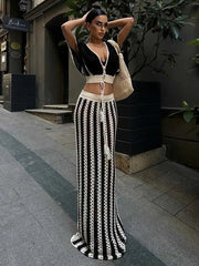 JazzHer Crochet Knit 2 Piece Sets for Women 2024 Summer Hollow Out Flare Sleeve Vacation High Waisted Maxi Skirt Sets Beach Dress A3135
