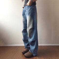 JazzHer Women Jeans Denim High Waist Full Length Wide Leg Pants Pockets Casual Basics Loose Fit Wash Zipper Fly Folds Distressed