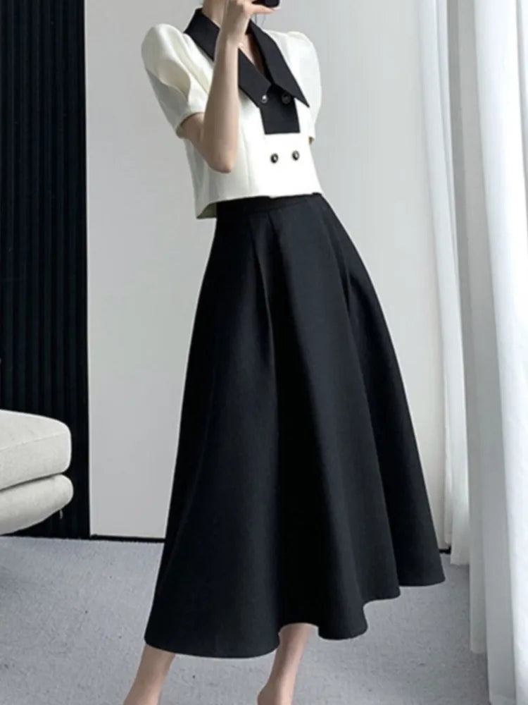 JazzHer French Elegant Two Piece Sets Vintage Office Lady Puff Sleeve White Crop Top + A Line Black Midi Skirts Suit Retro Summer Outfit