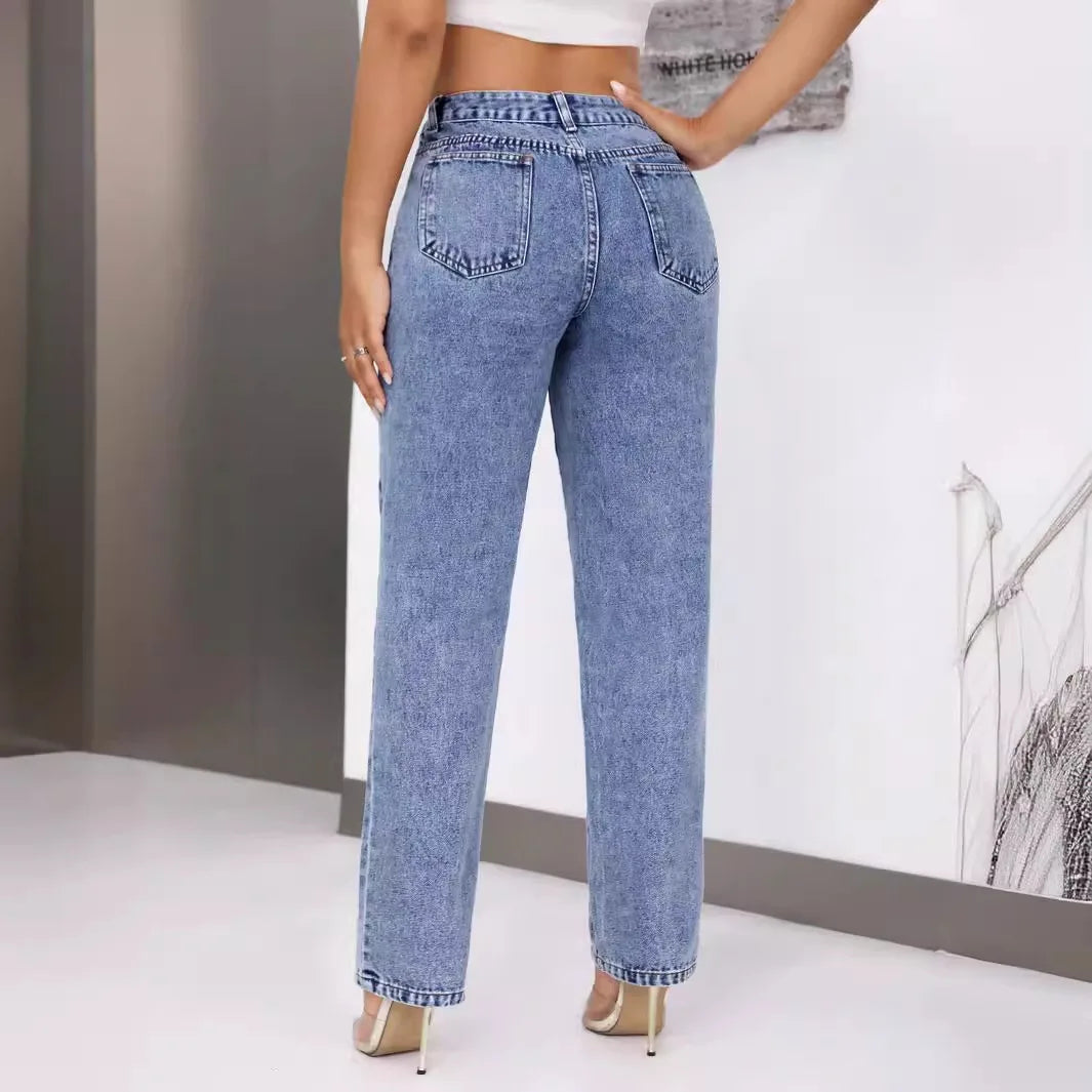 JazzHer Solid Women Jeans Straight High Waist Ankle Length Pants Denim Vintage Washed Jean Loose Fit Pockets Autumn 2024 Zipper Fly