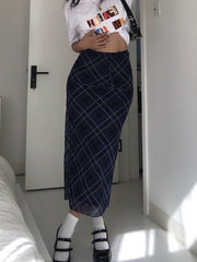 JazzHer- Y2k Plaid Long Skirt Low Waist Slim Women Streetwear Gyaru Mesh Patchwork Straight Maxi Skirt Autumn Fashion Girl