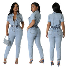 JazzHer Bleached One Piece Denim Women Overalls Ankle Length Pencil Jean Pants Solid Spliced Jeans Pockets Casual Skinny Washed