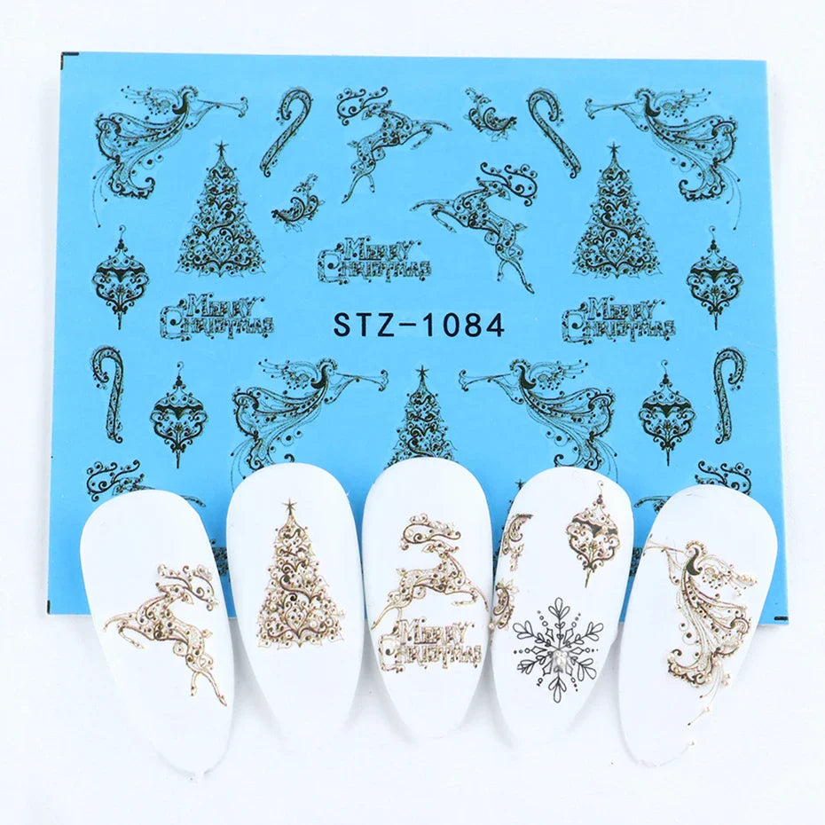 JazzHer Lace Design Water Nail Stickers Christmas Tree Snowman Star Deer Sliders for Nails Manicure Winter Decorations LYSTZ1082-1097