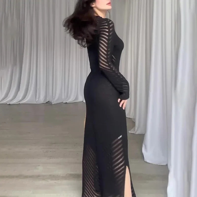 TRAUXY Elegant O Neck Knitted Hollow Out Long Dress Female High Waist Bodycon Dress Fashion Party Dress Full Sleeve Solid Color