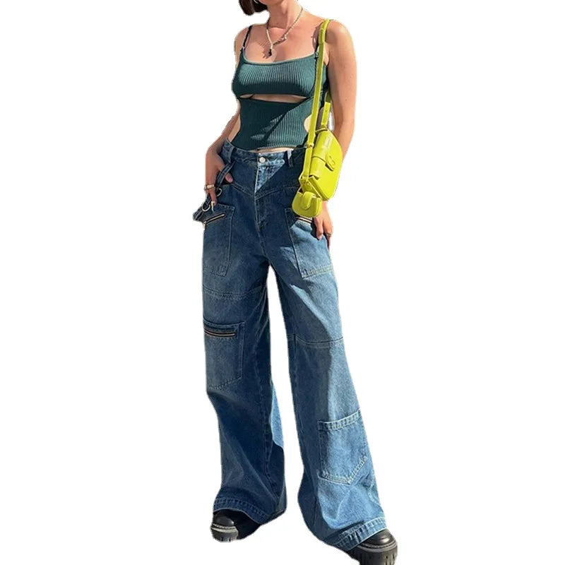 JazzHer Wide Leg Full Length Pants Jeans Women Spliced Denim Washed Vintage Loose Fit Solid Pockets High Waist Moto Biker 2024