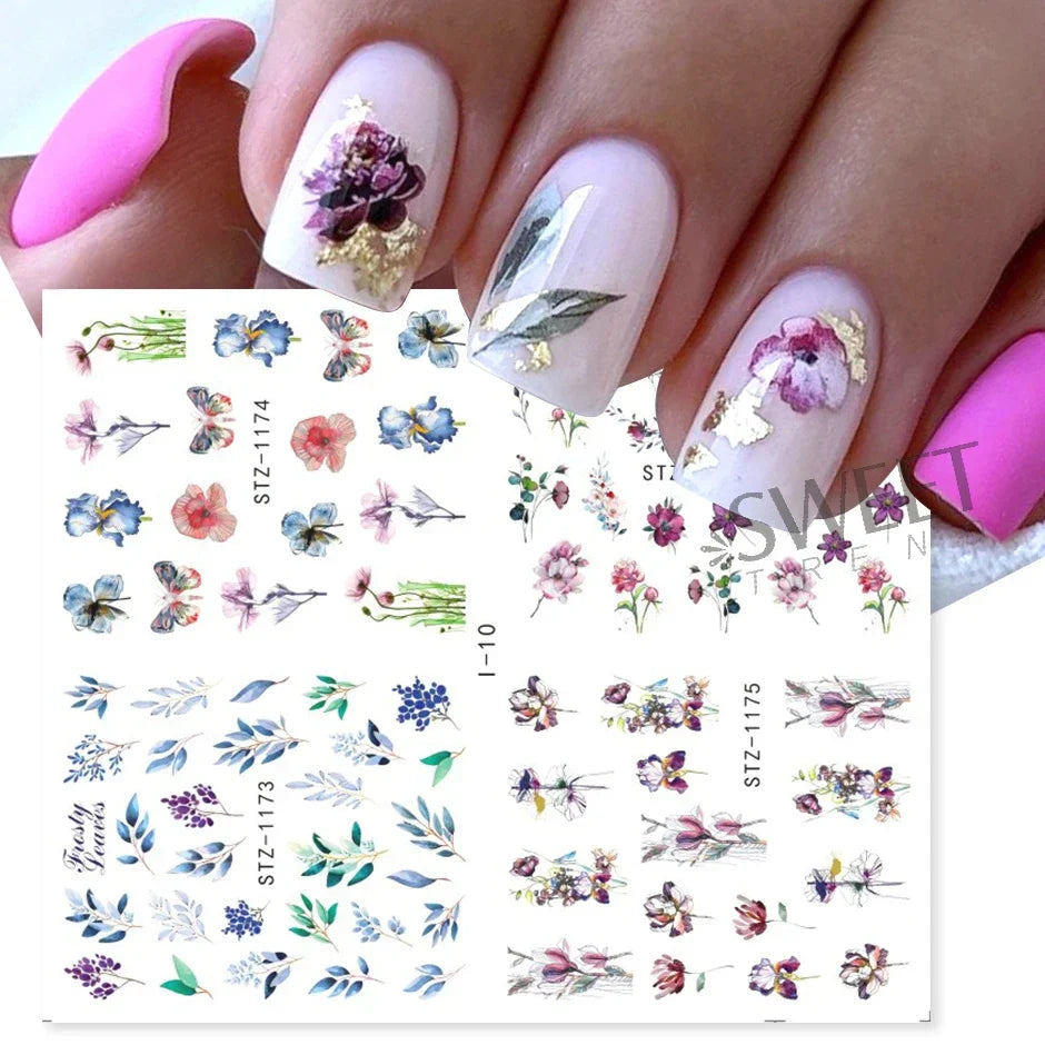 JazzHer 4 In 1 Watercolor Flowers Leaf Charms Nail Stickers Simple Floral Abstract Design Sliders Foils Spring Manicure Watermark Tattoo