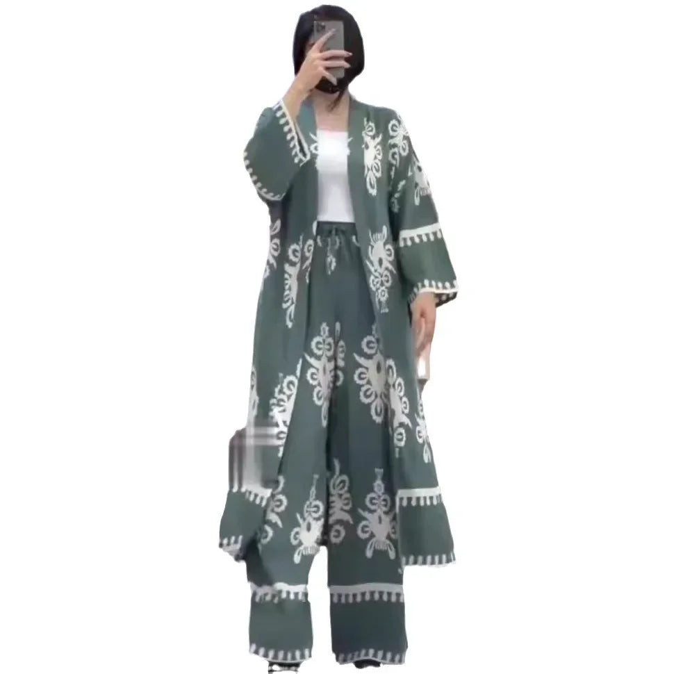 JazzHer Eid Muslim Suits Women Print Blouses Wide Leg Pants Set Two Piece Musulman Ensemble Dubai Arabic Morocco Islam Casual Ramadan