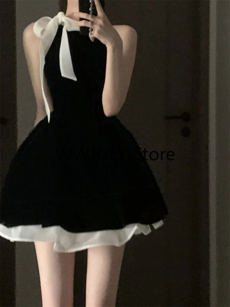 JazzHer 2024 Sexy Dress Woman Bow Bandage Sleeveless Slim Patchwork Black Mini Dresses Puffy Elegant Vintage Ladies Summer Fashion Chic