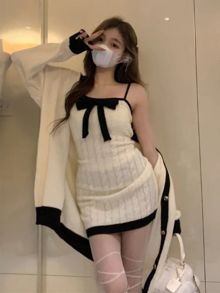 JazzHer 2024 Fall Fashion 2024 Winter Bow Design Kawaii Knitted 2 Piece Dress Set Woman Casual Sweater Cardigan Korean Style Sexy Club Party Dress Chic