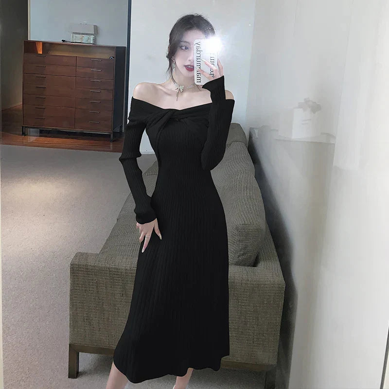 JazzHer-Elegant Vintage Knitted Evening Dress for Women Autumn Winter Fashion Long Sleeve Slim Dresses Knit Sweater Lady Clothing