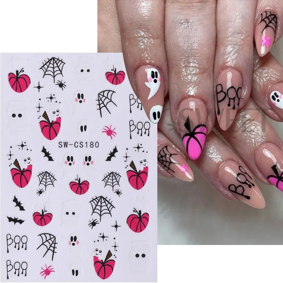 JazzHer Halloween 3D Nail Art Stickers Pink Ghost Pumpkin Spider Web Sliders Scorpion Bat Dripping Blood Decals Decorations Manicure