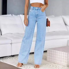 JazzHer Women Jeans Straight Pants Denim Washing High Waist Loose Fit Pockets Button Basics Wide Leg Trousers Solid Color 2024 Casual